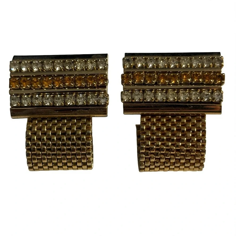 Vintage Cufflinks Yellow & Clear Rhinestone Gold Tone Mesh Wrap Around MCM Retro